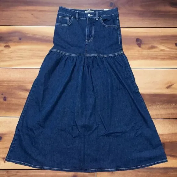 Free People We The Free Jordan Maxi Skirt Denim High Rise‎ Stretch Dark Wash 0&6 - Picture 2 of 9